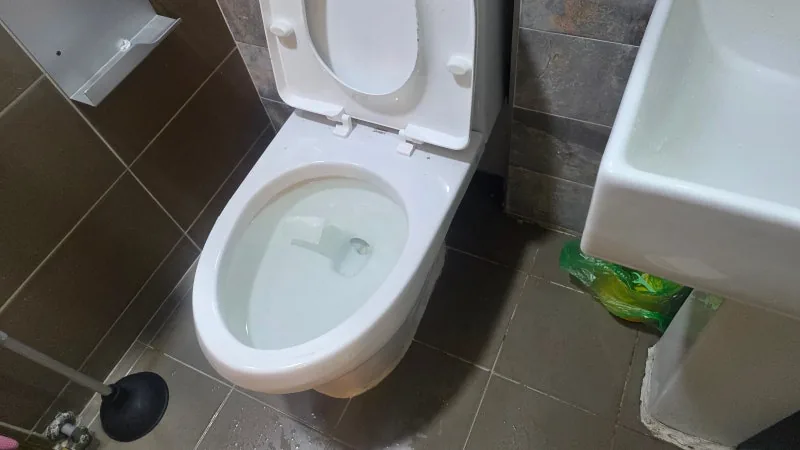 작업 후 변기에 물을 흘려 배수 반응을 다시 확인하는 장면
