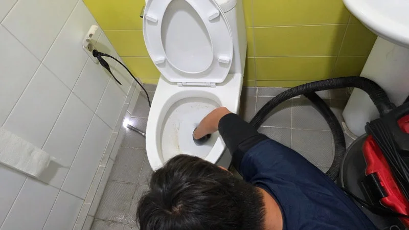 변기 안쪽 이물을 회수하기 위해 접근하는 작업 과정