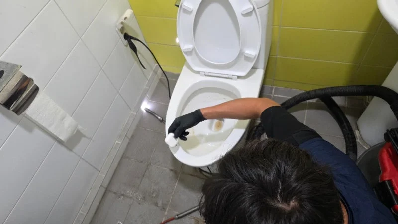 변기에서 꺼낸 흰색 이어폰 케이스를 손에 든 모습